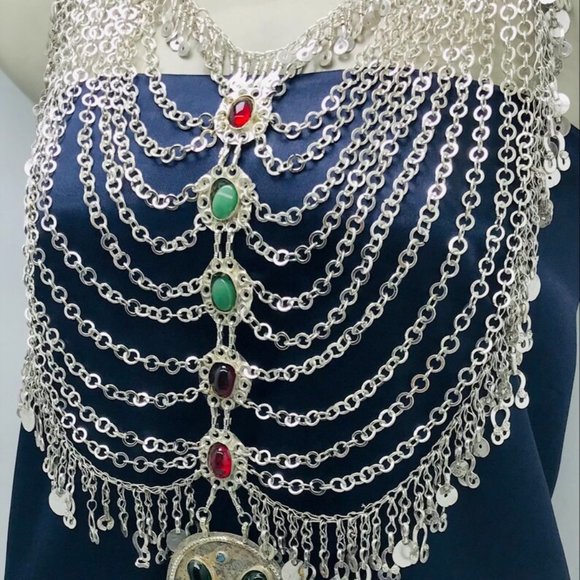 Multilayers Bib Necklace, Tribal Afghani Silver Kuchi Bib Necklace - Picture 4 of 13